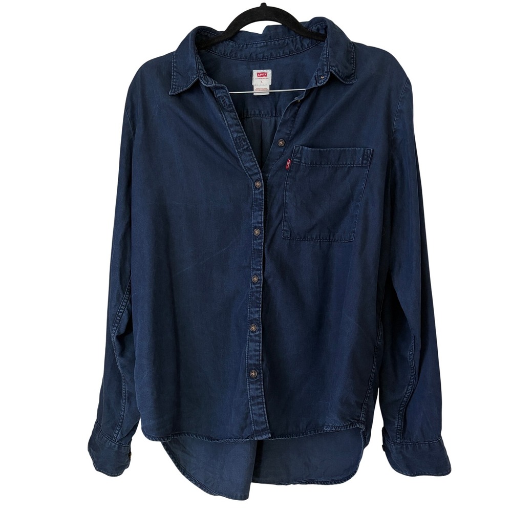 Levis Button Down Long Sleeve Shirt Womens Large Dark Indigo 100% Lyocell